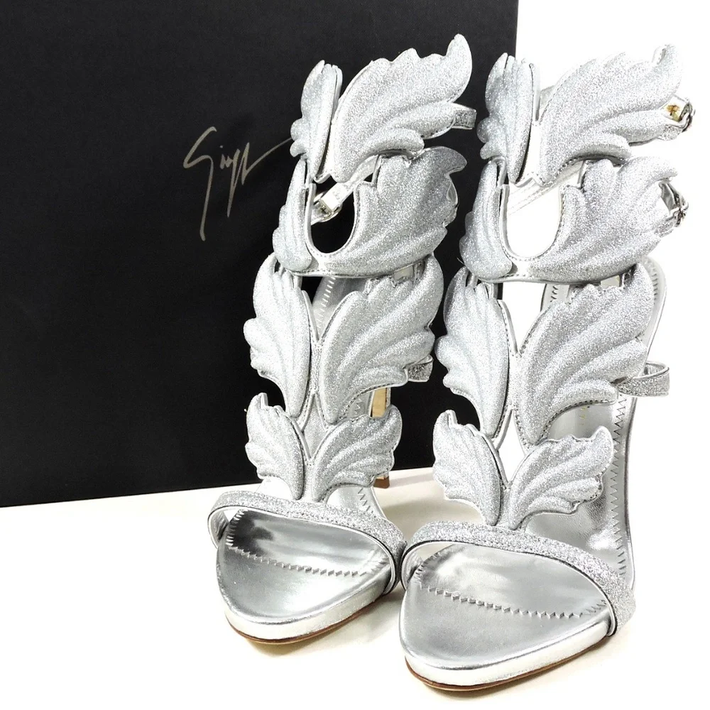 GIUSEPPE ZANOTTI ๐ฎ๐น WOMEN'S COMFORT SILVER LEATHER FASHION HEEL SANDALS - Picture 1 of 13